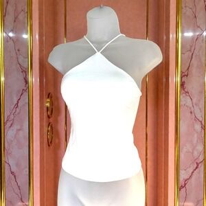 XS White Halter Neck Tank Top Crop Strappy High Neck Not See Through Halter Y2k